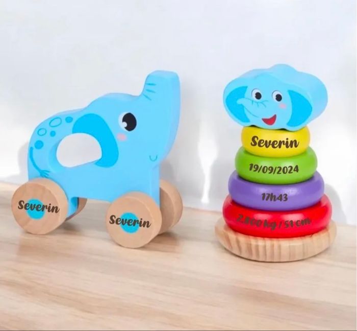 Ensemble jouets en bois personnalisés – Tour à empiler & animal à tirer – Cadeau de naissance gravé