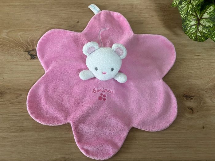 Doudou plat souris blanc rose luminou