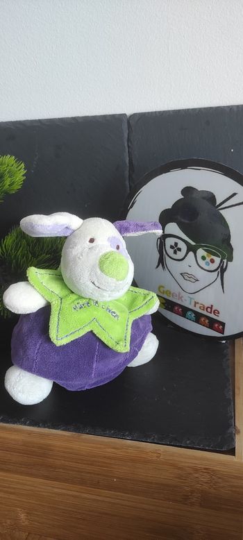 Doudou peluche chien mûre bleu vert blanc boule baby nat ancien cocard Feuille