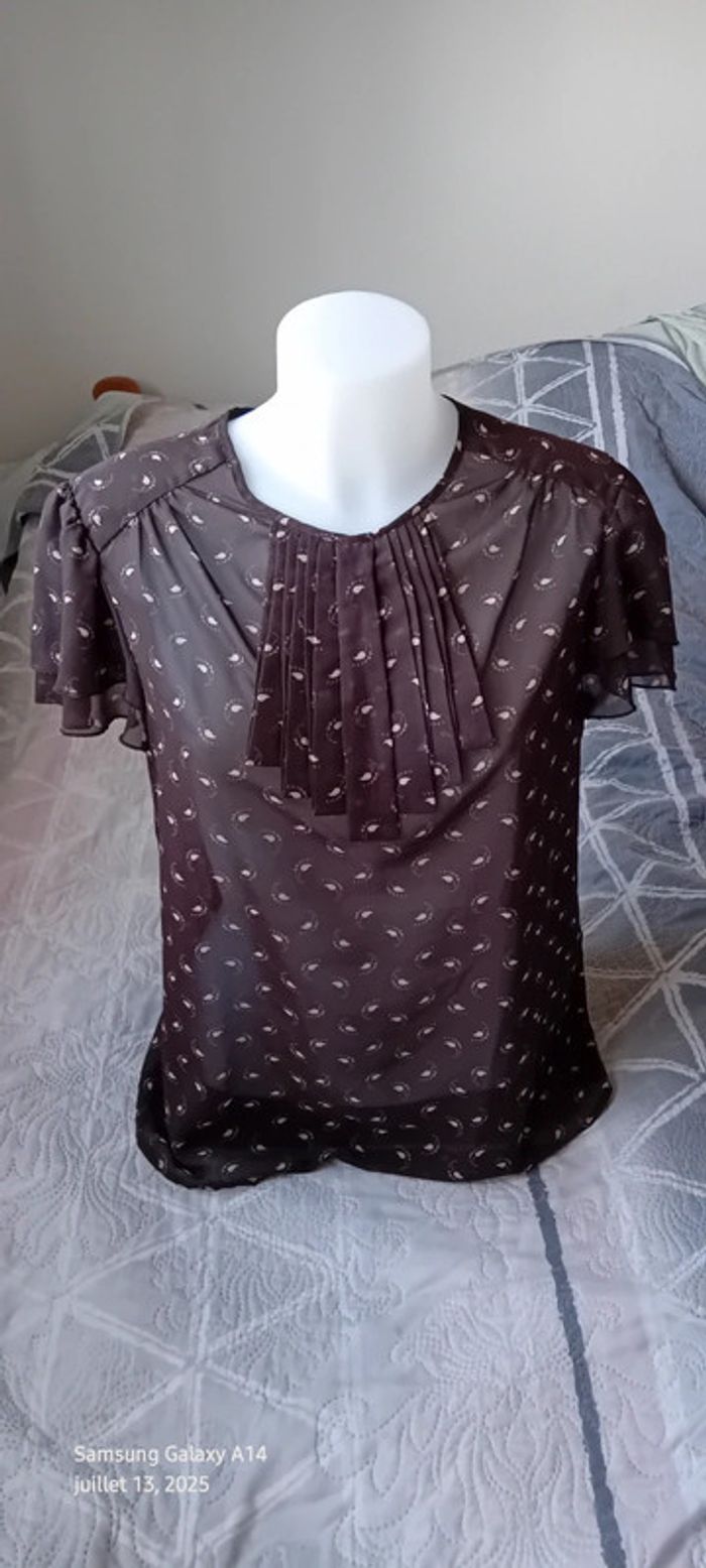 Blouse en voile manches volantées col cravate motif plumes marron femme L - photo numéro 3