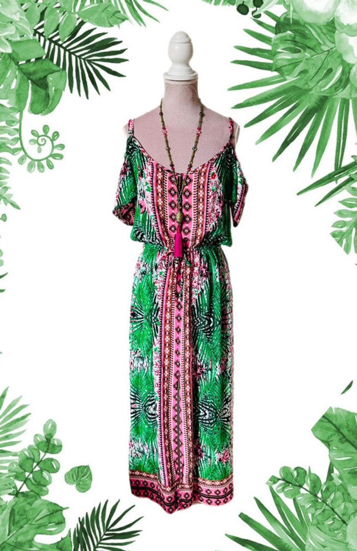 🌴🌿Robe de vacances tropicale ethnique épaules dénudées Summer ethnic jungle Off-shoulder dress🌿🌴