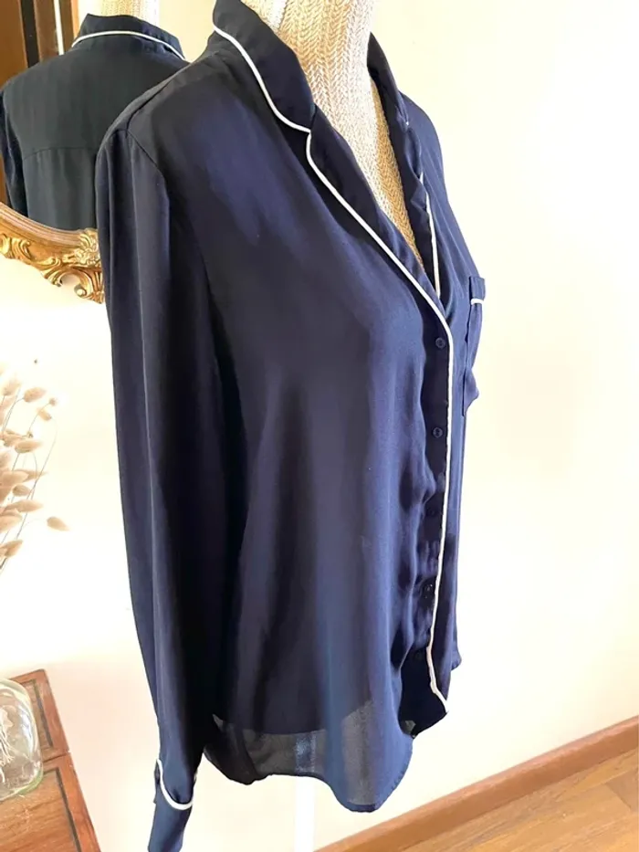 Sublime blouse chemise à boutonnage et col manche longue noir à liseré blanc fluide Zara taille L - photo numéro 14