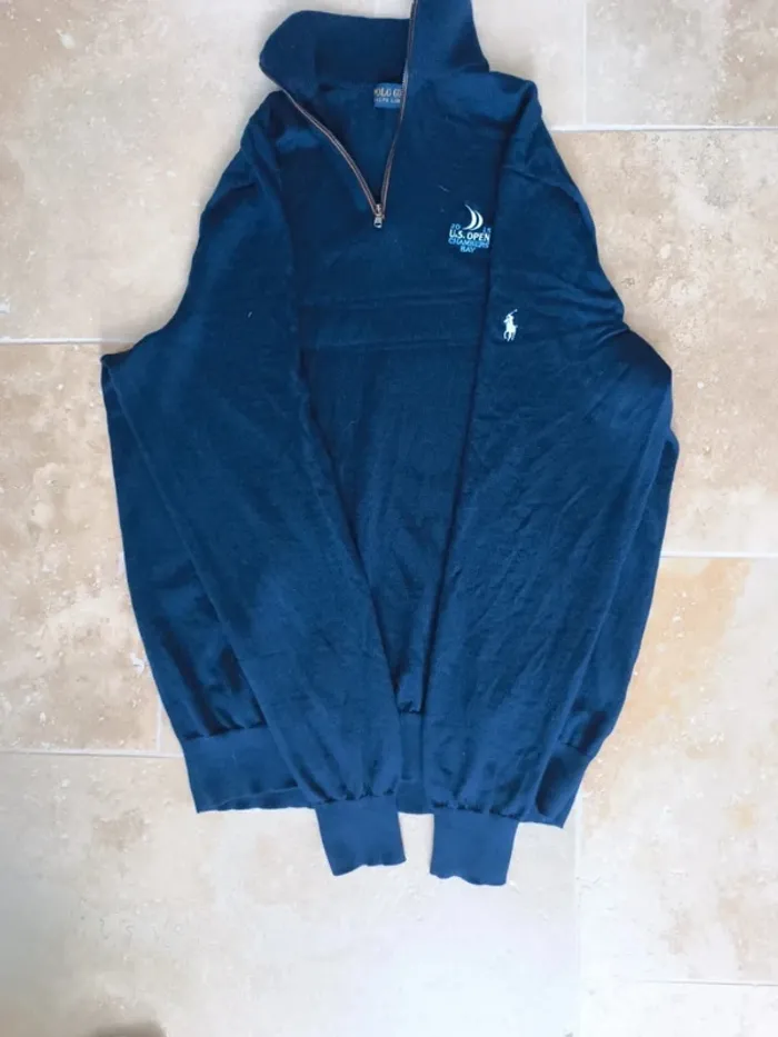 Magnifique pull quart zip laine mérino Ralph Lauren Polo Golf marine logo blanc homme L US Open 2015 - photo numéro 10