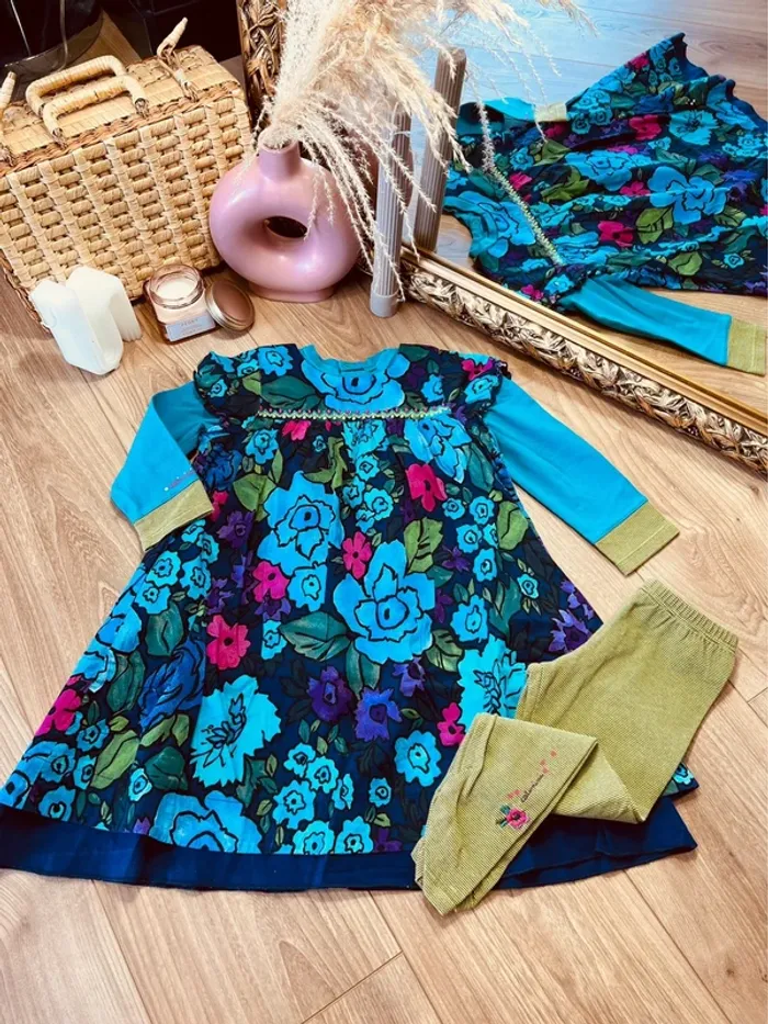 Taille 4 ans tenue 2 pièces fille Catimini bleu turquoise et vert * fleurs rayures * 🩷