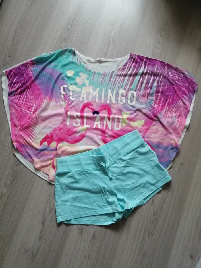 Ensemble short et tee-shirt cap bleu et rose imprimé flamants roses / H&M / (14 ans +)