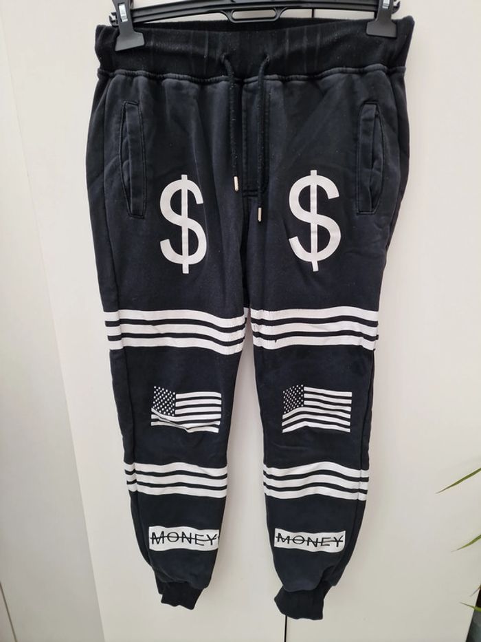 Pantalon Jogging Noir Imprimé Américain Dollars Blanc