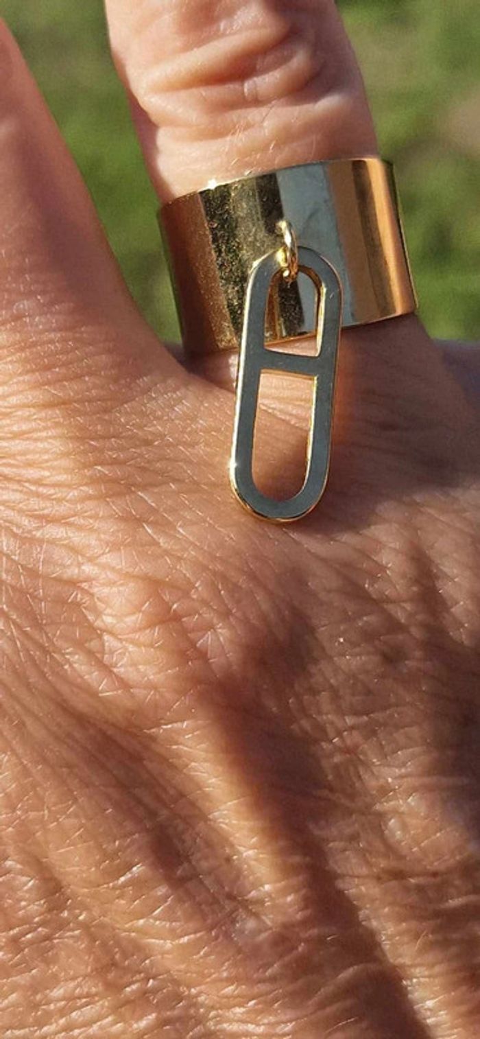 Bague large réglable breloque maillon farandole acier inoxydable or réglable - photo numéro 2