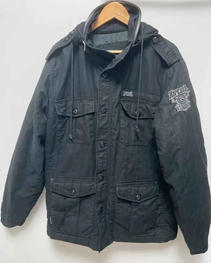 Rip Curl Y2K black zip hood jacket manteau blouson noir Mens L - photo numéro 2