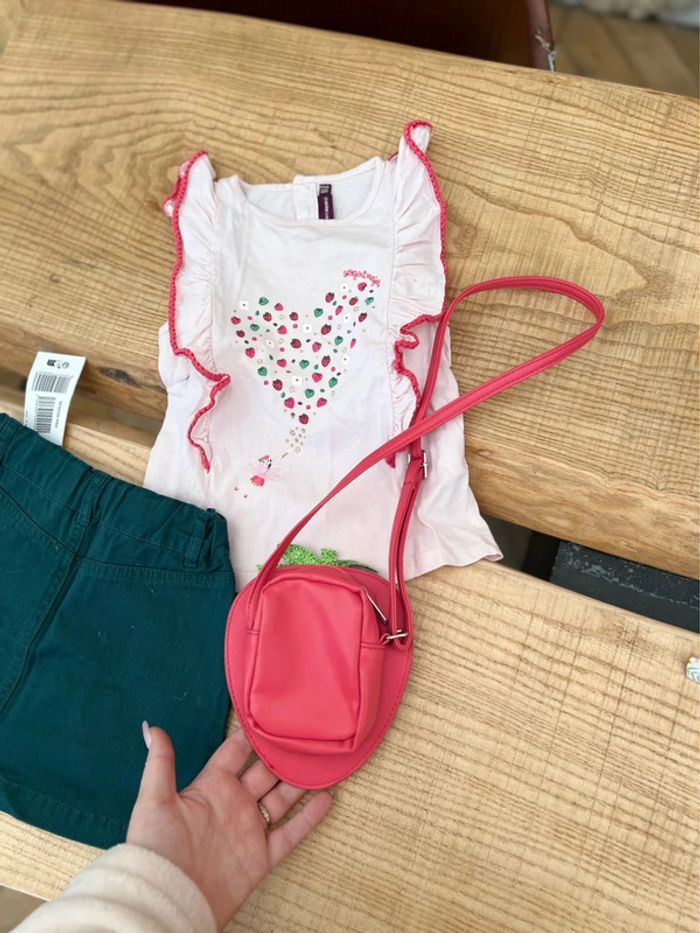 Ensemble 4 ans jupe neuf vert fraise sergent major t-shirt sac à main - photo numéro 3