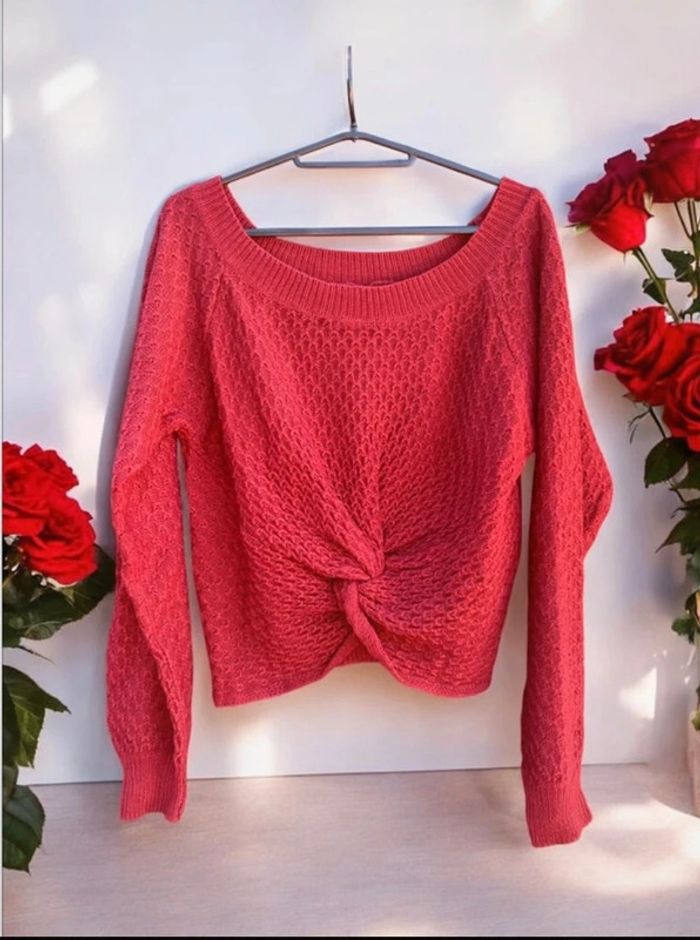 🌹 Pull rouge bordeaux maille torsadée noué devant,neuf femme taille M,100% acrylique🌹
