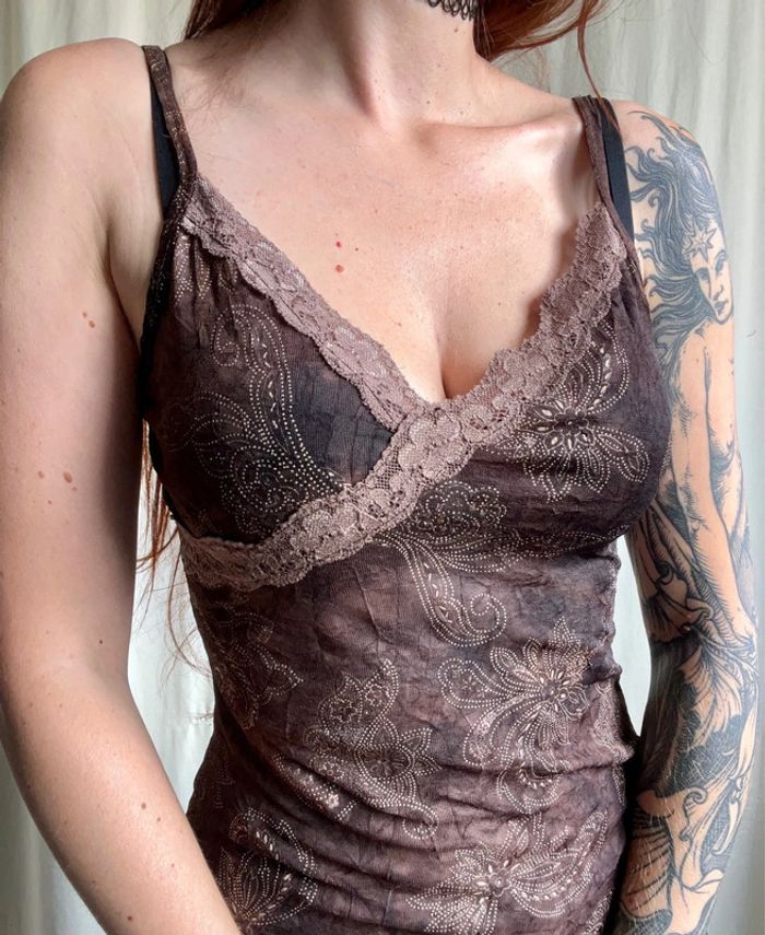 Débardeur mesh dentelle pailleté tie dye Fairygrunge Witchy vintage 90s - Taille S - photo numéro 2