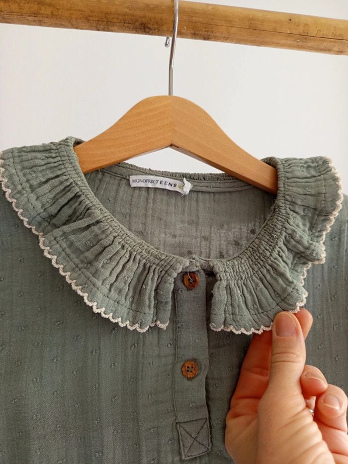 Blouse chemise en gaze de coton kaki & plumetis Monoprix Teens Bio 10 ans - photo numéro 2