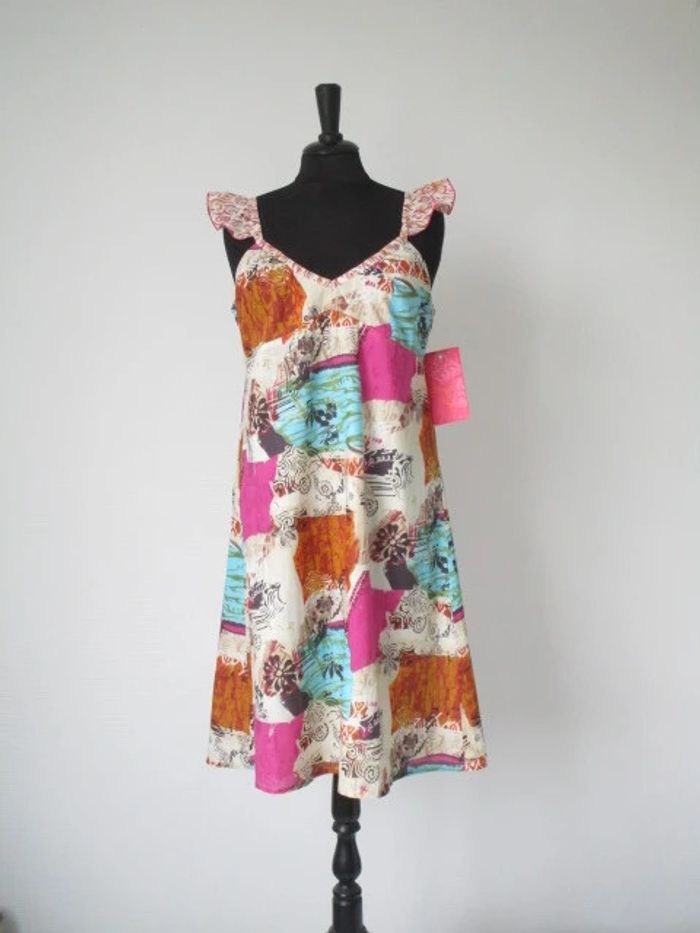 Robe beige imprimé fuchsia/turquoise/camel Jac Jac 38 NEUVE