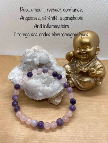 Bracelet lepidolite et quartz rose 18,5 cm , lithothérapie