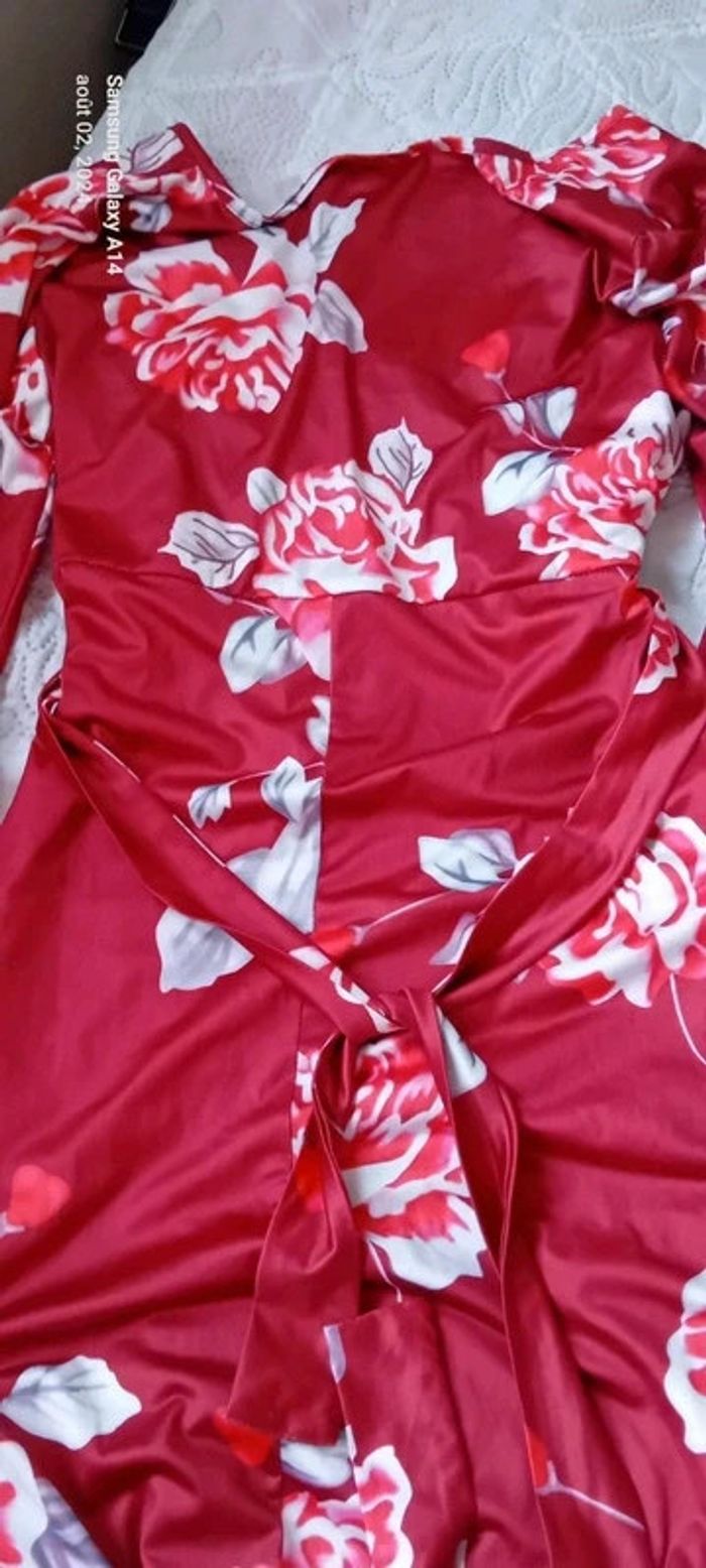Robe très longue viscose motif roses bordeaux femme L - photo numéro 10