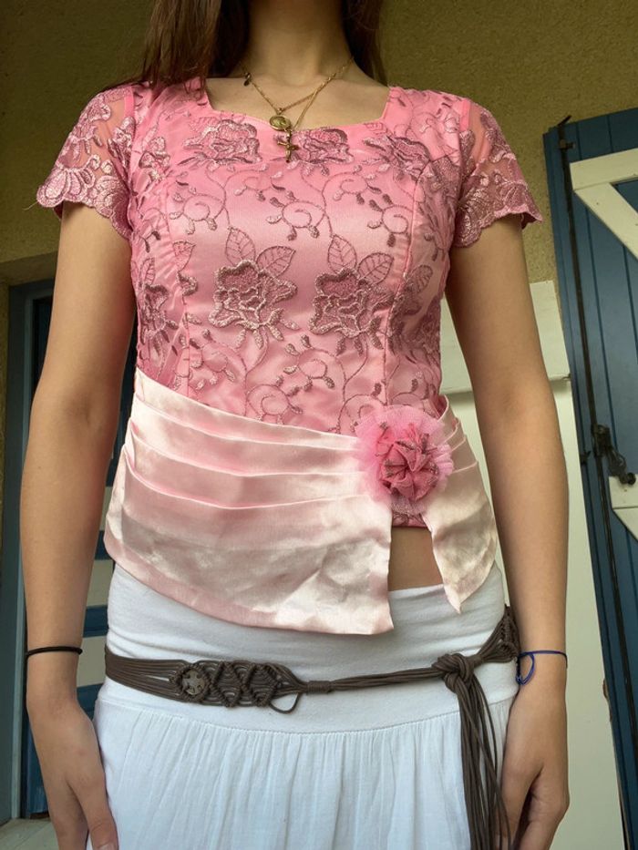 Tee-shirt coquette Lolita brillant 80’s soie Ibiza bohème champêtre vintage - photo numéro 5