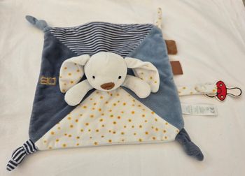 Doudou carré plat Lapin bleu- Étoiles orange - Obaibi