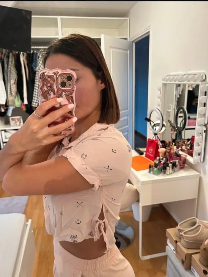 Blouse manches courtes, rose et noir, Bershka, XS - photo numéro 3