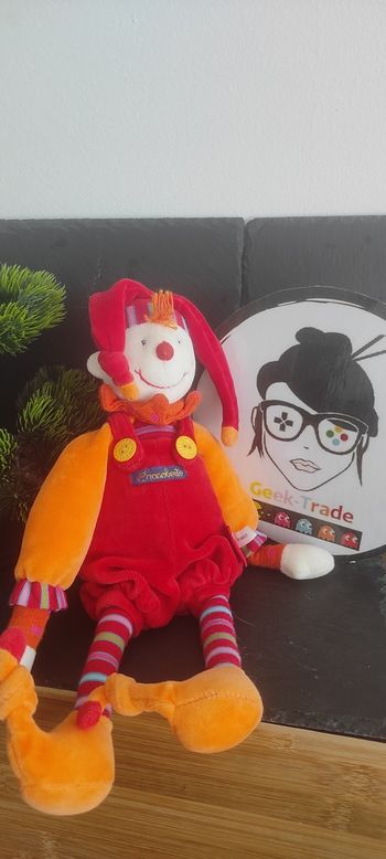 Peluche doudou Dragobert Moulin Roty lutin rouge orange ancien pantin rayé clown