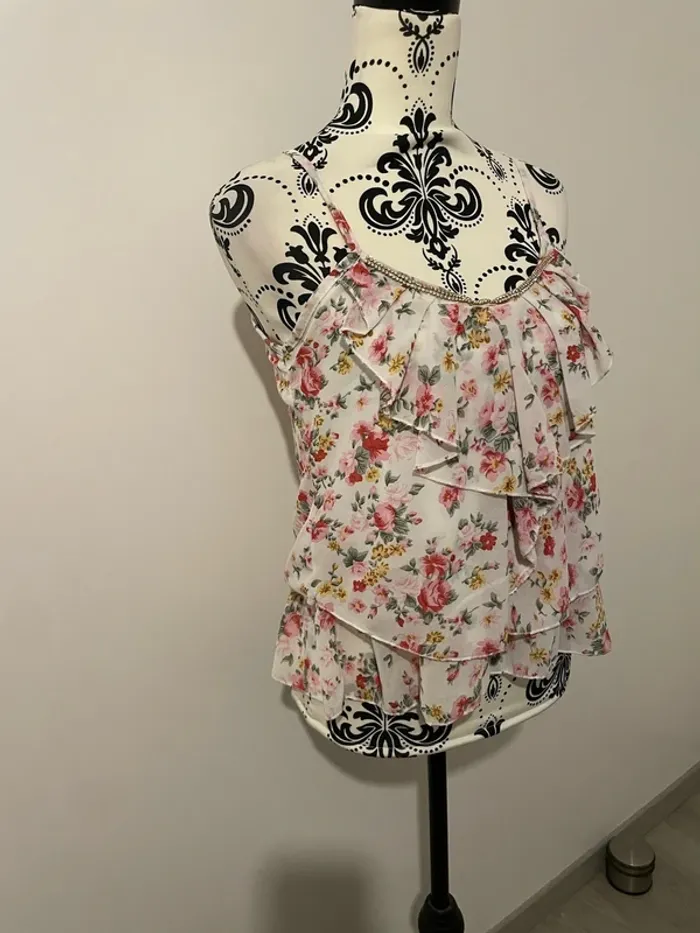 Débardeur à fine bretelles ample à volant blanc fleuri rose multicolore strass col taille 36 - photo numéro 3