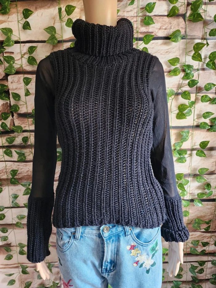 🌸Pull noir col roulé manches transparentes Taille 34/36🌸