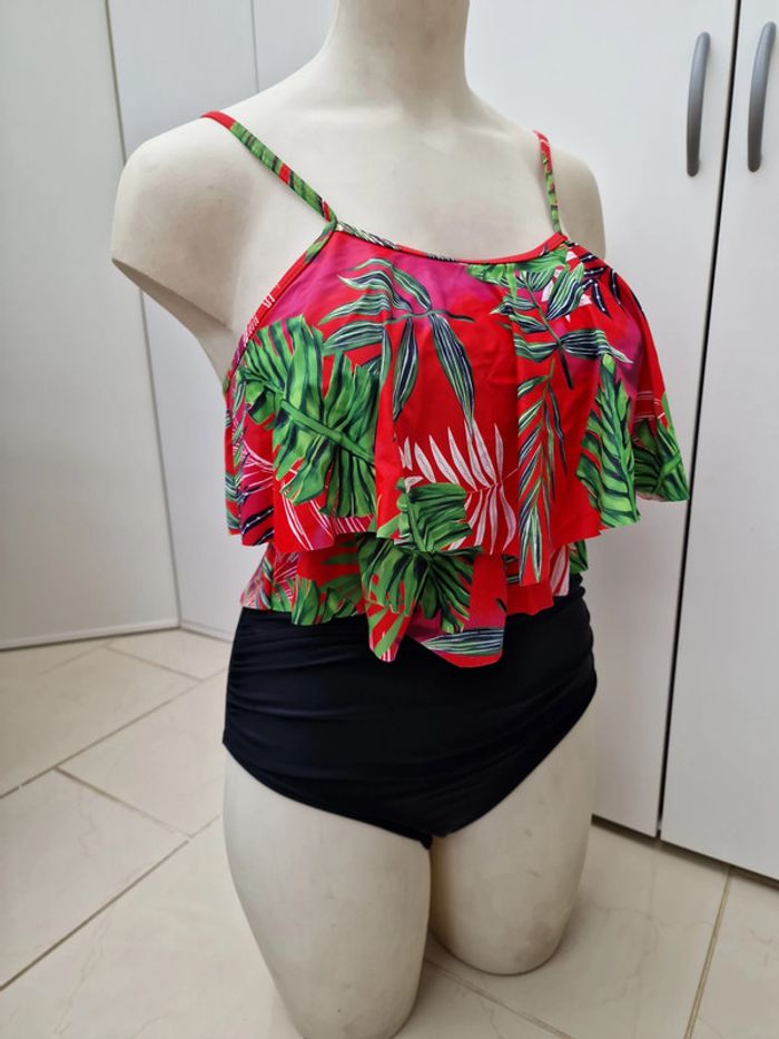 Tankini Taille Haute Maillot De Bain 2 Pieces Jungle Noir Rouge Rose Vert Volants Taille XL 44 - photo numéro 12