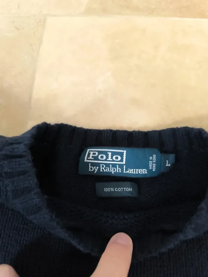 Pull col rond texturé marine logo rouge Ralph Lauren L - photo numéro 5