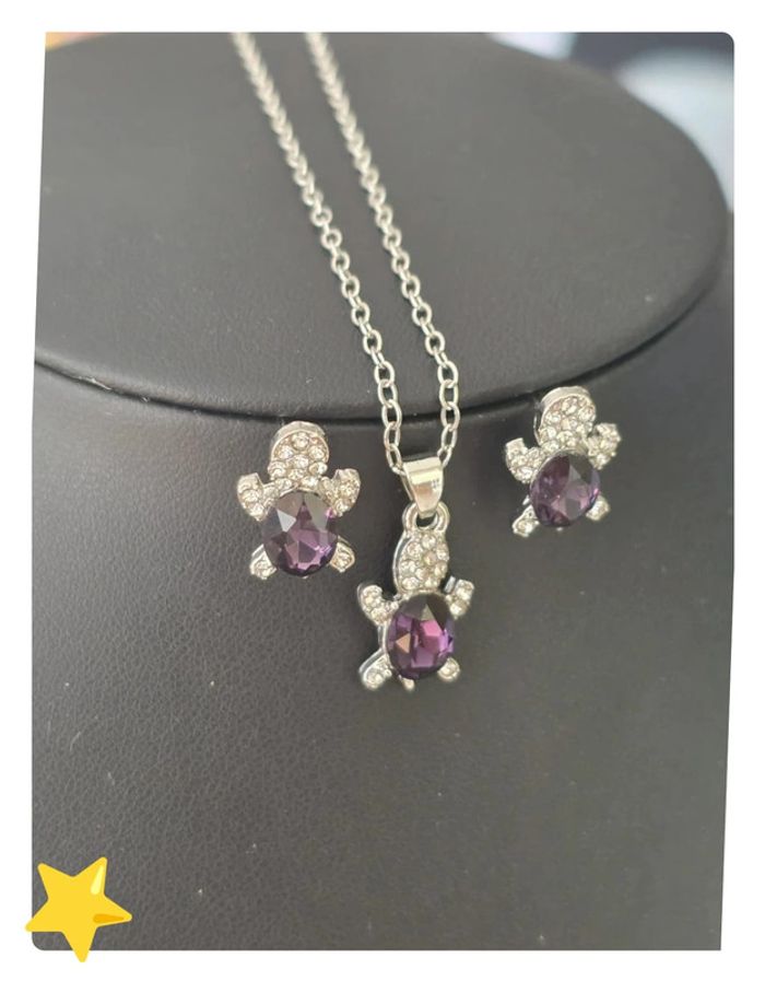 Parrure collier + pendentif + boucle d'oreilles tortue pierre d'ornement violet - photo numéro 2
