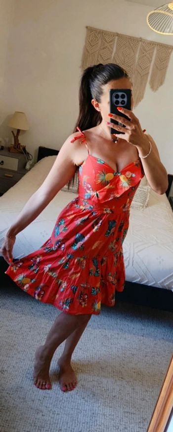 Robe d'été Naf Naf 38 rouge orangé ananas pastèque feuillage tropical 100% coton