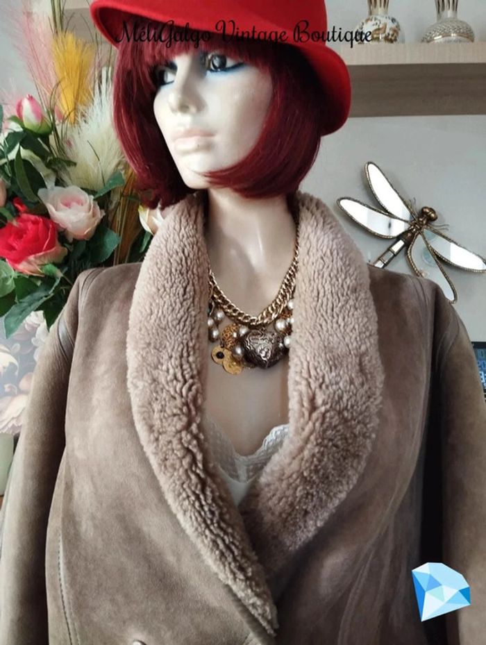 🌹 Manteau Cuir/Daim Velours Beige Clair Doublé Sherpa Vintage T40/42🌹 - photo numéro 3