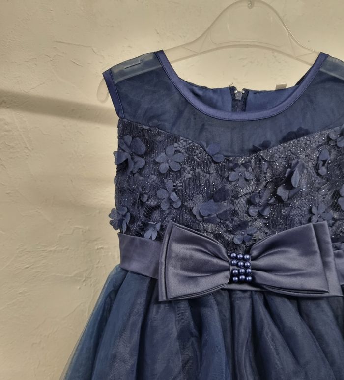 robe cérémonie mariage fille buste fleuri gros nœud à la taille bleu marine taille 1 an - photo numéro 2