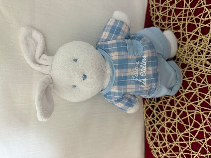 Doudou lapin blanc pantalon bleu maillot vichy Calins KLORANE - photo numéro 4