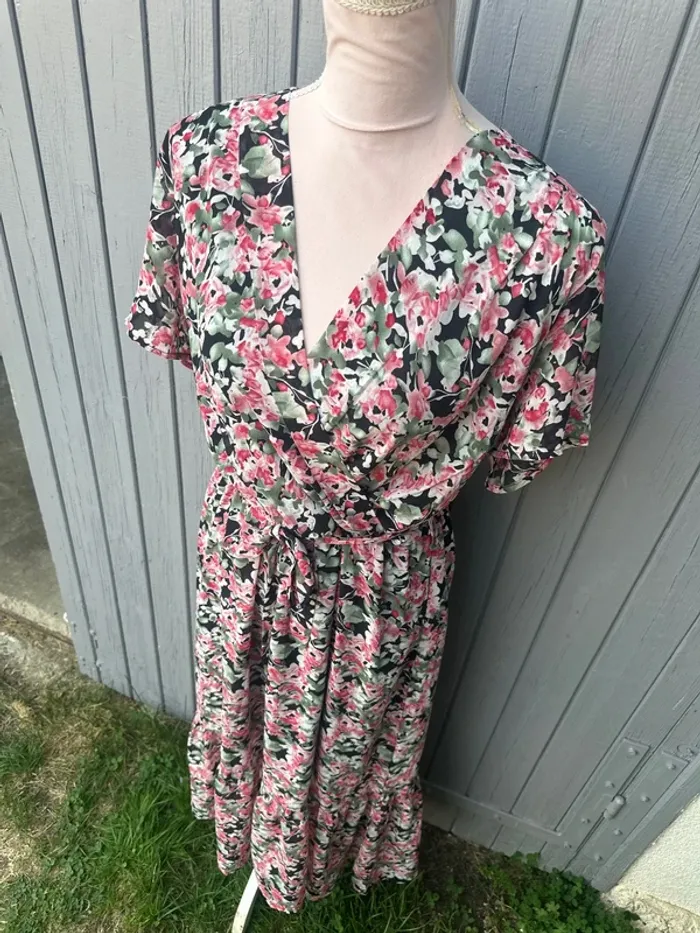 Robe longue manches courtes légère été décolleté fleuri colorée L/40 - photo numéro 4
