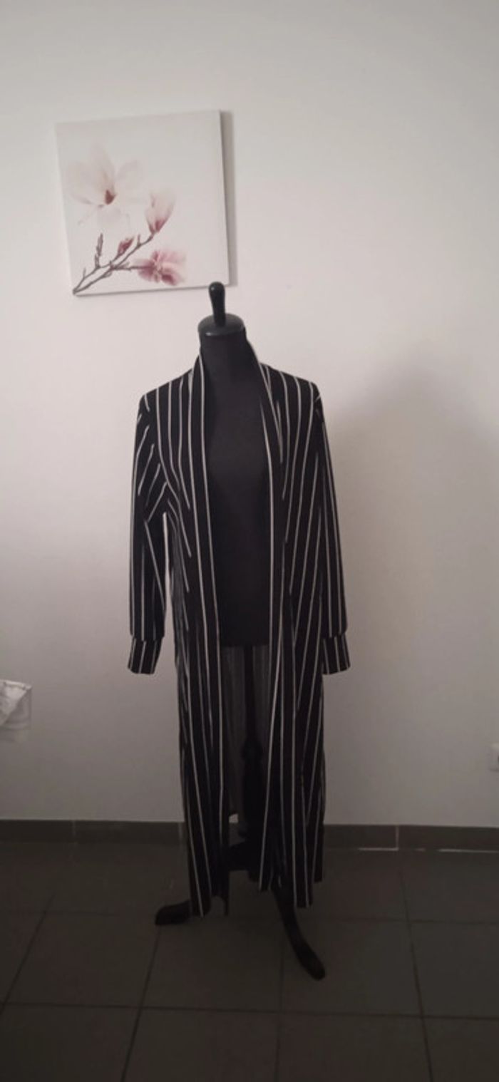 Veste longue noire et blanche à rayures/kimono - photo numéro 3