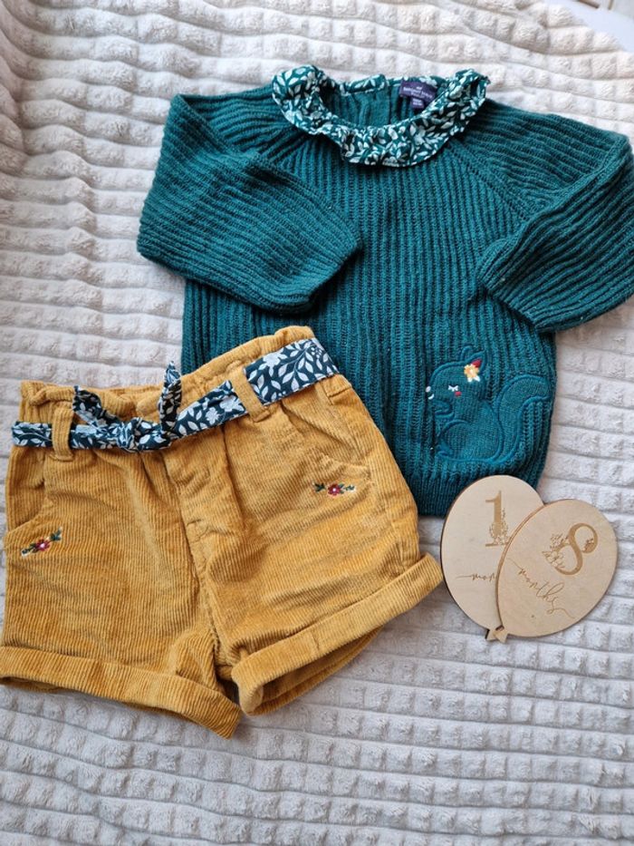 Ensemble pull et short moutarde et vert sergent major bébé fille 18 mois
