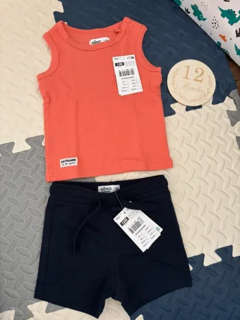 Ensemble/set short bleu-tee shirt orange 12 mois