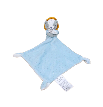 Doudou plat lion gris MOTS D'ENFANTS crinière jaune mouchoir bleu pois brillant