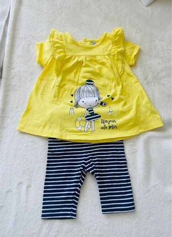 Ensemble tee shirt jaune et leggins bleu marine et blanc 12 mois