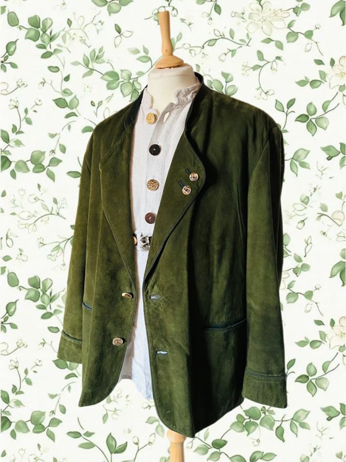 🌲Veste blazer cuir daim vert sapin vintage autrichien trachten suede leather blazer🌲 - photo numéro 4