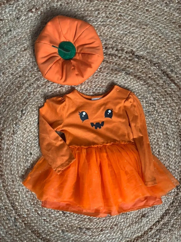 Déguisement citrouille chapeau robe + collant noir 12mois H&M tbe