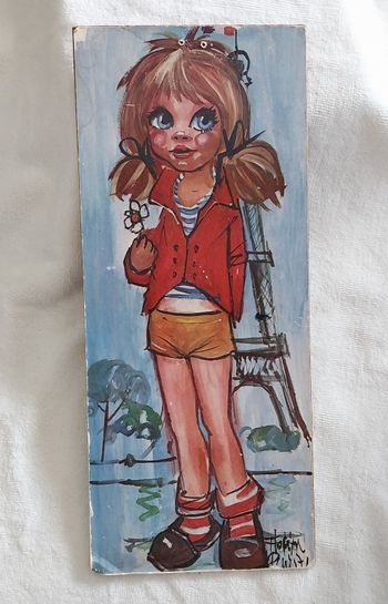 Vintage tableau panneau Poulbot la fille à Paris Tour Eiffel signé sur Isorel