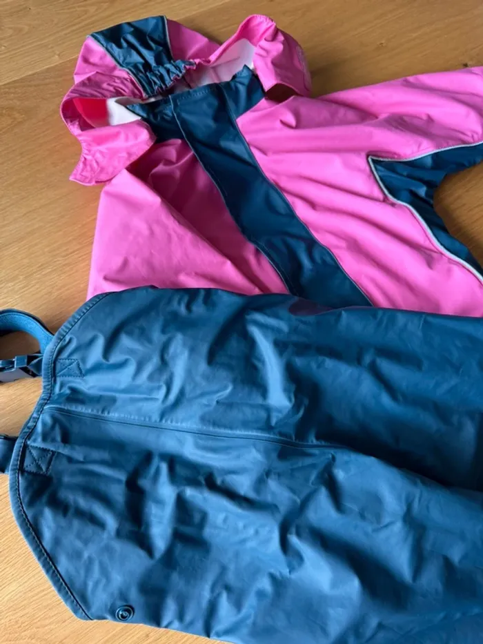 Ensemble 3 pièces veste imperméable + polaire + salopette bleu marine/rose - Taille 2/3 Ans - photo numéro 3