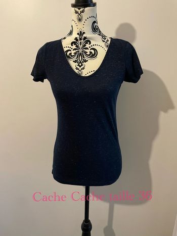 T-shirt à manches courtes extensible bleu marine et argenté col V Cache Cache taille 36