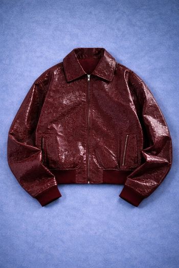 Veste bomber bordeaux brillante - simili cuir gaufré motifs paisley - Y2K / streetwear - taille L