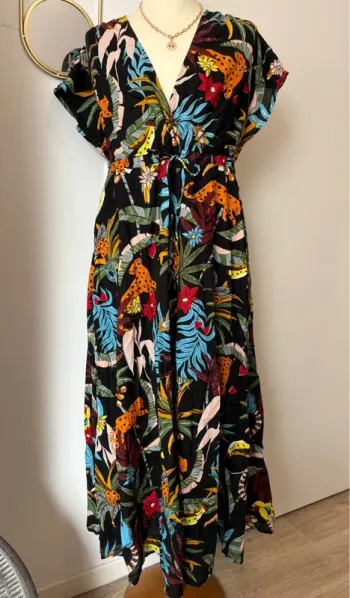 Robe maxi taille cintrée par lien imprimé oiseaux tropicaux Promod taille 42