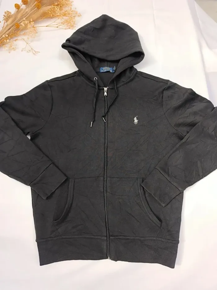 Sweat capuche homme Ralph Lauren taille S zippé noir logo blanc excellent état - bouloches