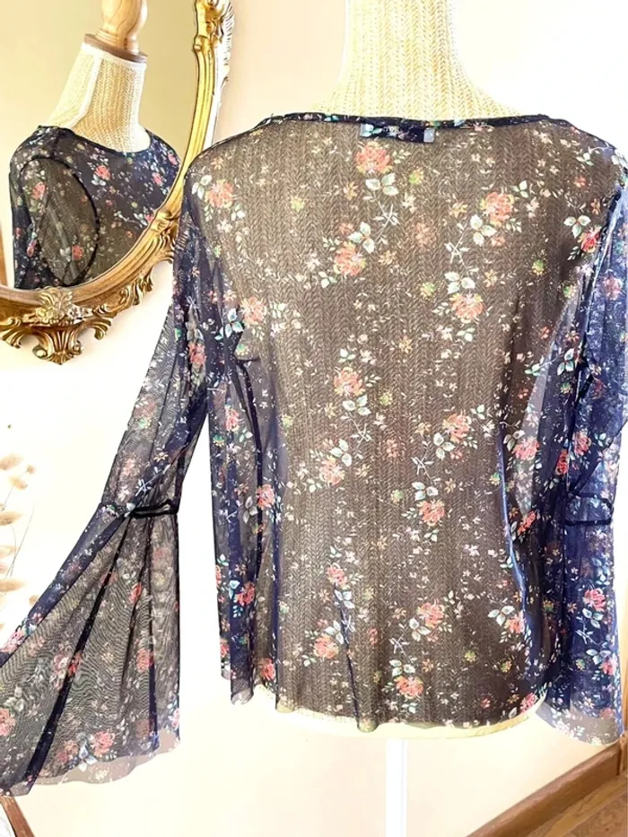 Sublime top fluide floral à manche large en tulle mango taille S - photo numéro 18