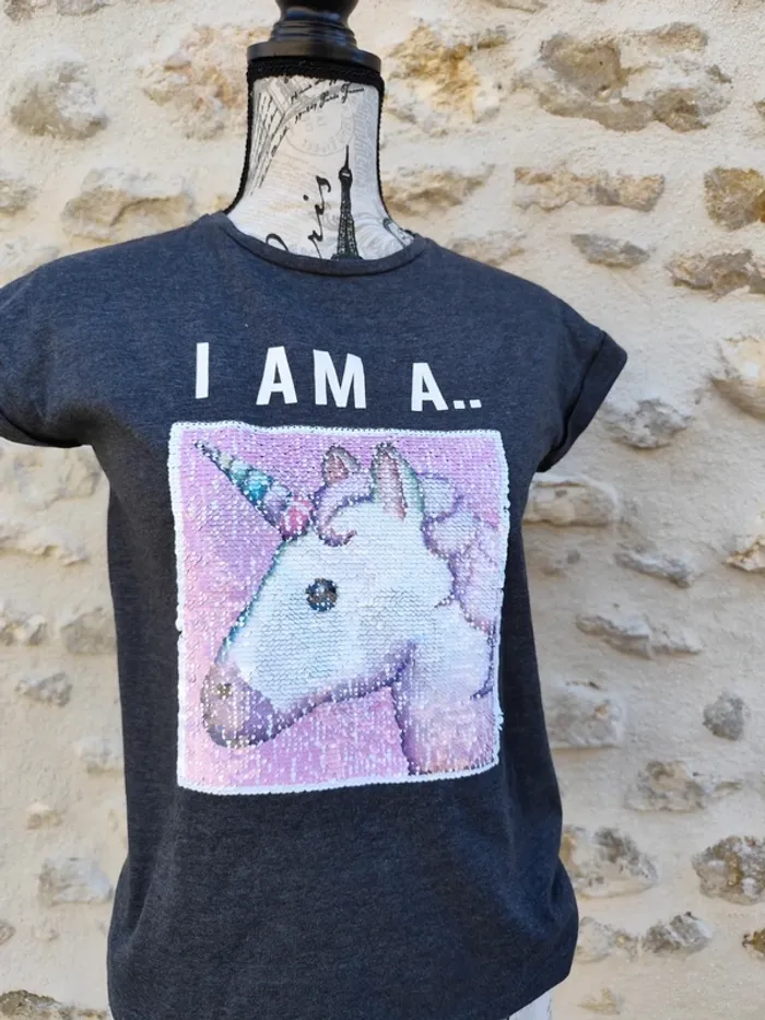 T-shirt enfant 12/13 ans YD avec sequins réversibles panda ou licorne - photo numéro 3