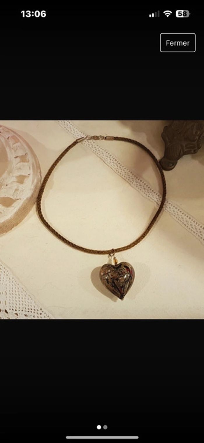 Collier cordon avec cœur en verre Morano vintage