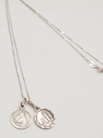 Collana vintage argento 925 e 800 ciondoli medagliette religiose Vergine Miracolosa e sant'antonio con Gesù